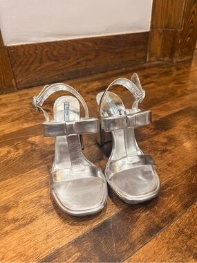 Prada Silver Metallic Block Heel Sandals
